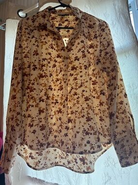 Halogen Floral Button-Down Sheer Blouse - Cream with Brown Floral